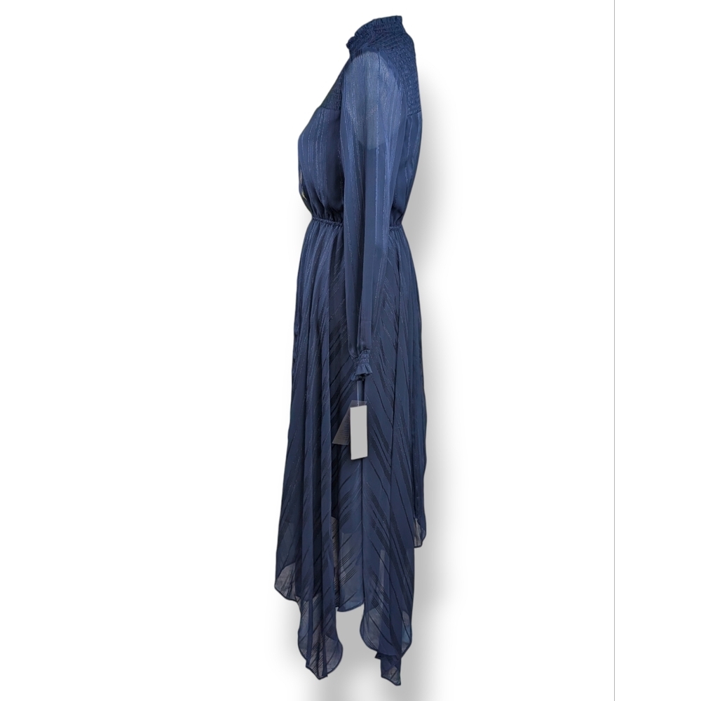 NWT Nanette Lepore Size 2 Navy Blue Asymmetrical Dress High Neck Clinched Waist - Picture 3 of 14